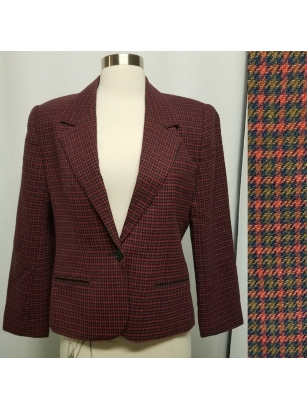 Vintage 90s y2k Grunge Red Green Holiday Houndstooth Wool Blend Blazer Woman's M